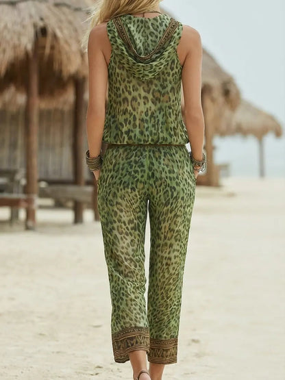 Retro Leopard Art Print Hooded Casual Top and Pants Suits
