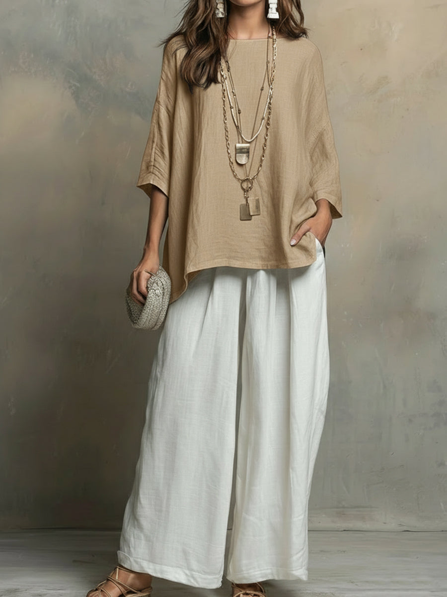Cozy Cotton-Linen Irregular Top and Wide-Leg Pants Two-Piece Set