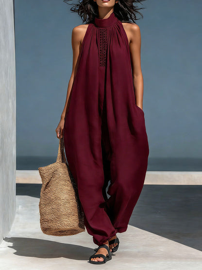 Stand-Up Collar Sleeveless Casual Loose Cotton and Linen Wide-Leg Jumpsuit