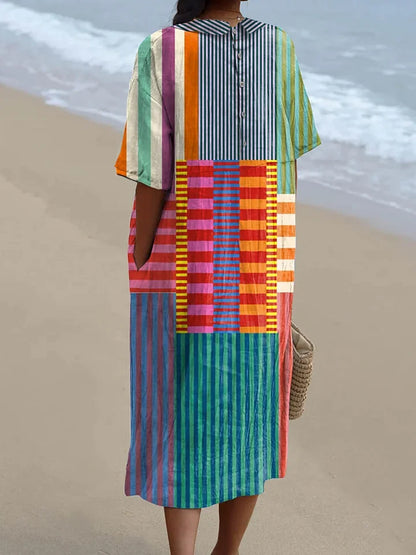 Colorful Patchwork Striped Cotton Linen 3/4-Sleeve Shirt