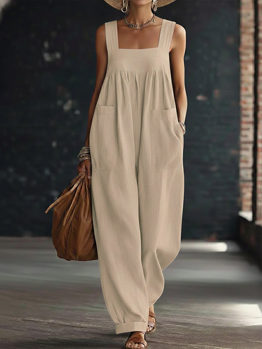 Casual Linen and Cotton Sleeveless Jumpsuit