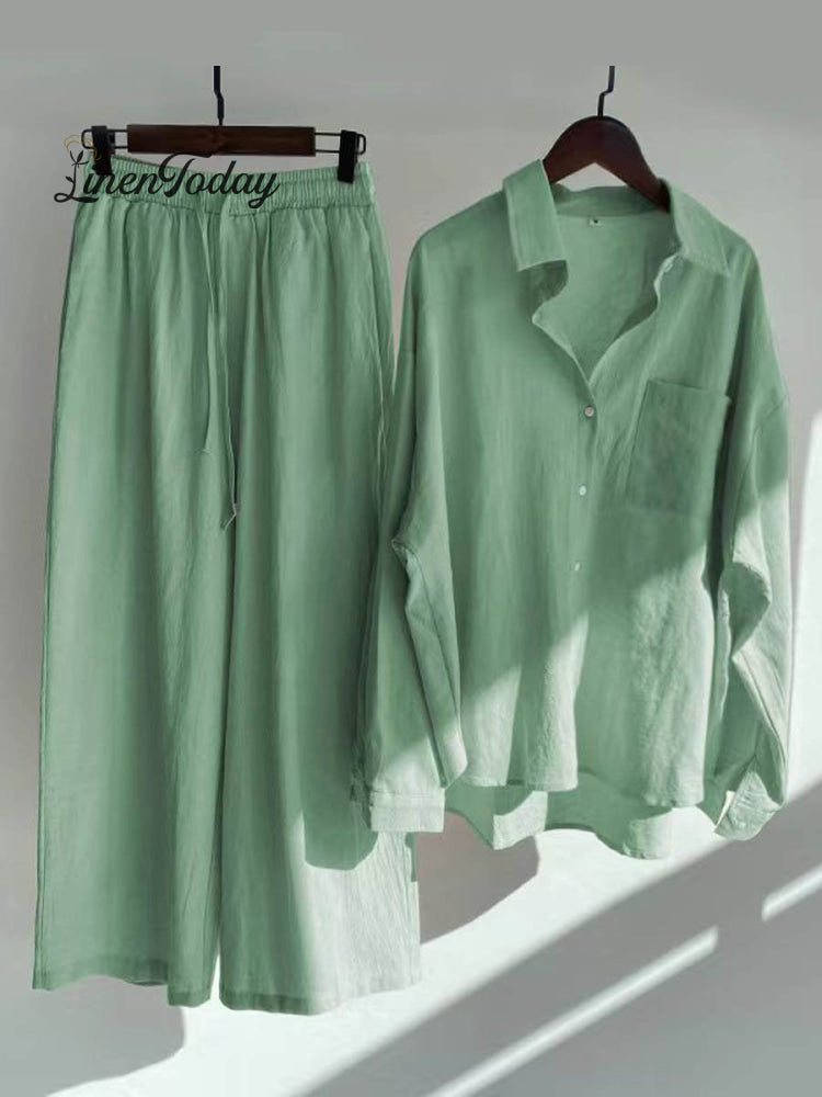 Solid Color Loose Elegant High Waist Casual Cotton and Linen Suit