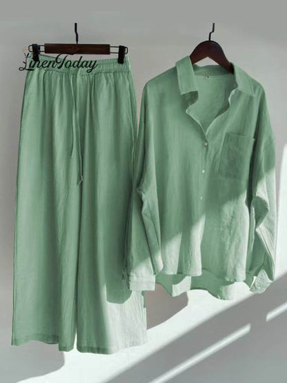 Solid Color Loose Elegant High Waist Casual Cotton and Linen Suit