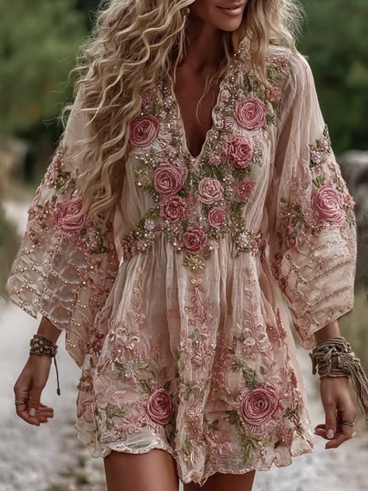 Vintage Rose Embroidery Art Comfy Linen Mini Dress