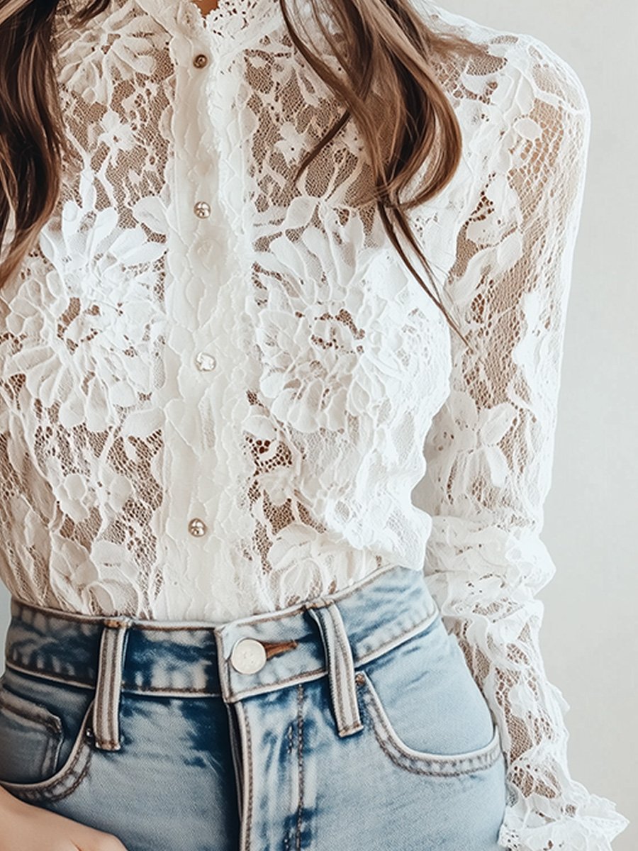 (sale)graceful White Lace High-Neck Blouse