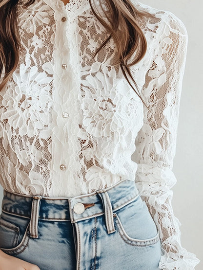 (sale)graceful White Lace High-Neck Blouse