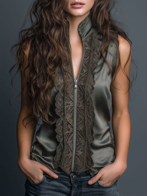 High Collar Olive Satin Lace Trim Sleeveless Blouse