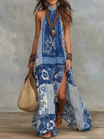 Retro Ethnic Floral Pattern Art Print Casual Fashion Cotton Maxi Dress