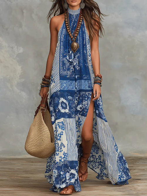 Retro Ethnic Floral Pattern Art Print Casual Fashion Cotton Maxi Dress