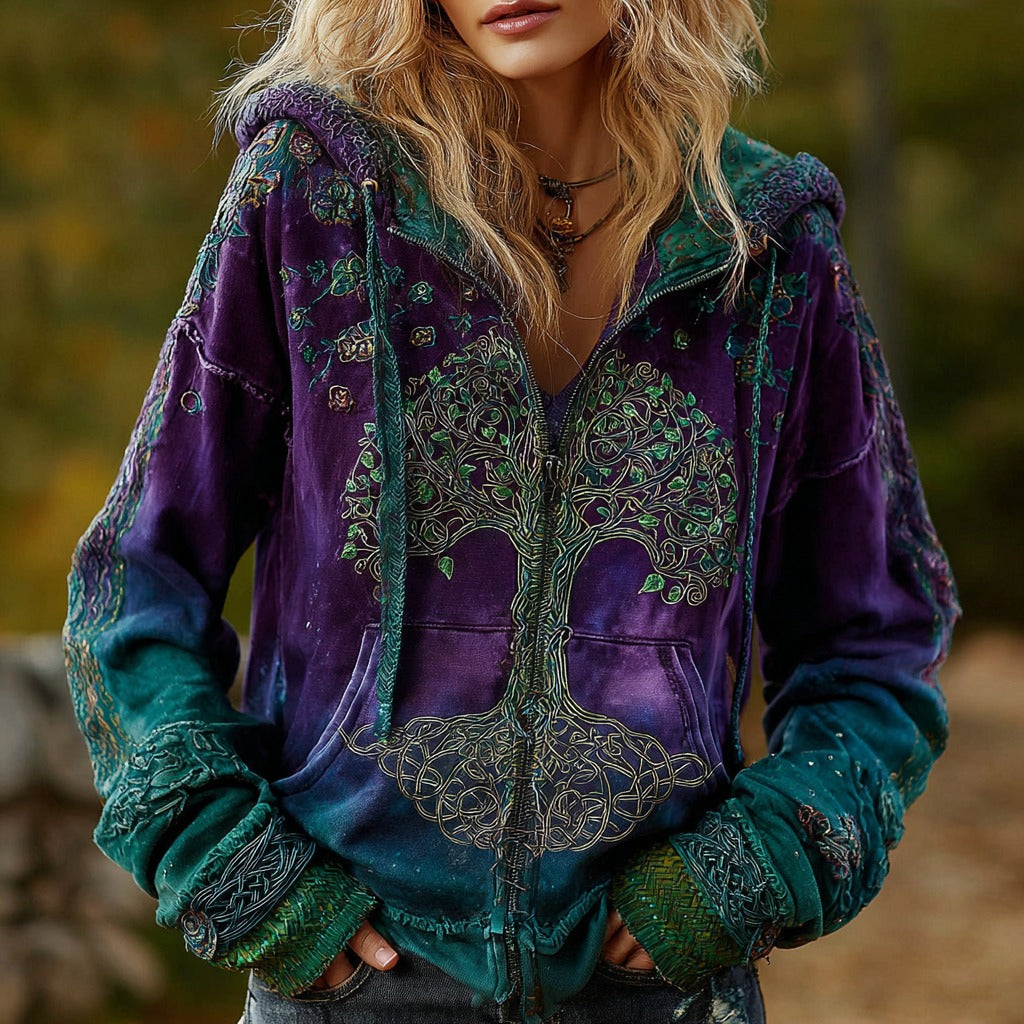 Vintage Viking Tree of Life Cozy Warm Zip Hoodie Cardigan