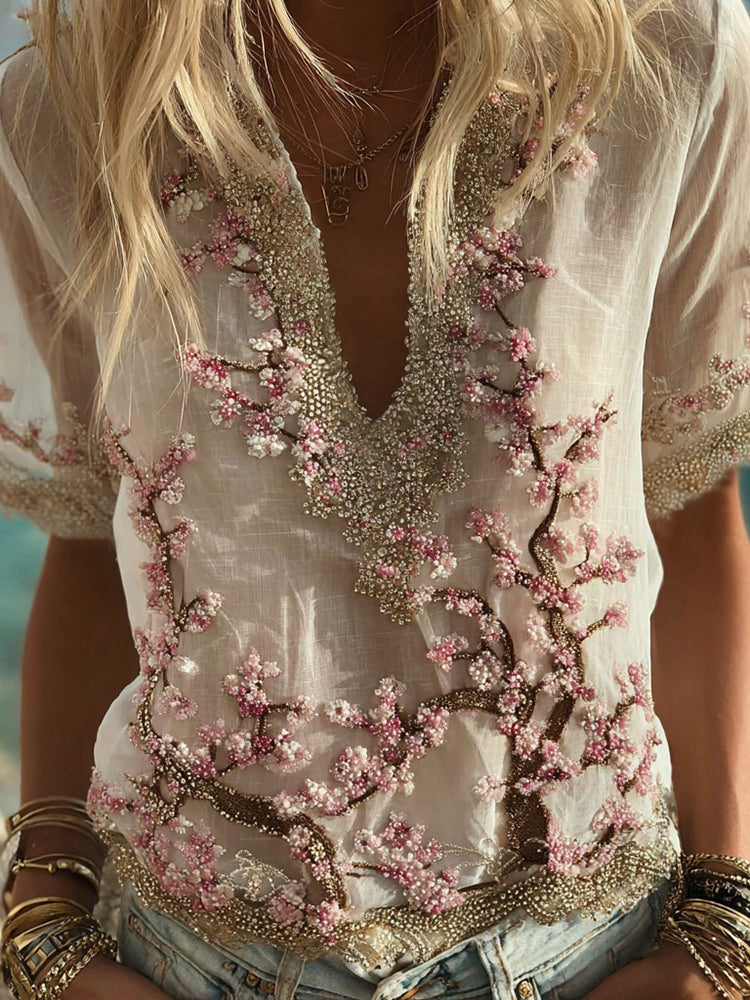Bohemian Style Sakura Diamond Embroidery Vintage Short-Sleeved Shirt
