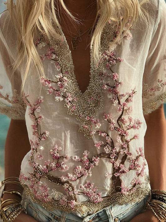 Bohemian Style Sakura Diamond Embroidery Vintage Short-Sleeved Shirt