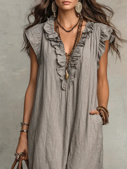 Solid Color Ruffled Art Casual Fashion Cozy Cotton Linen Dress