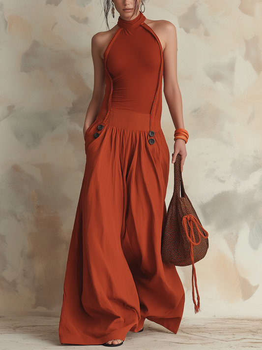 Rust Halter Neck Mixed Fabric Wide-Leg Jumpsuit with Pockets