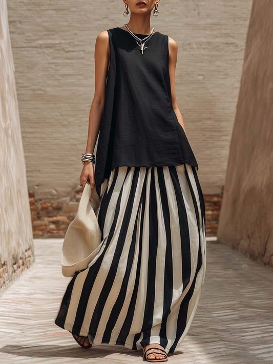 Vacation Cozy Top and Artistic Striped Skirt Linen Cotton Two-Piece Set