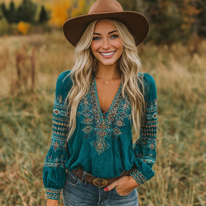 Vintage Western Geometric Print V-Neck T-Shirt