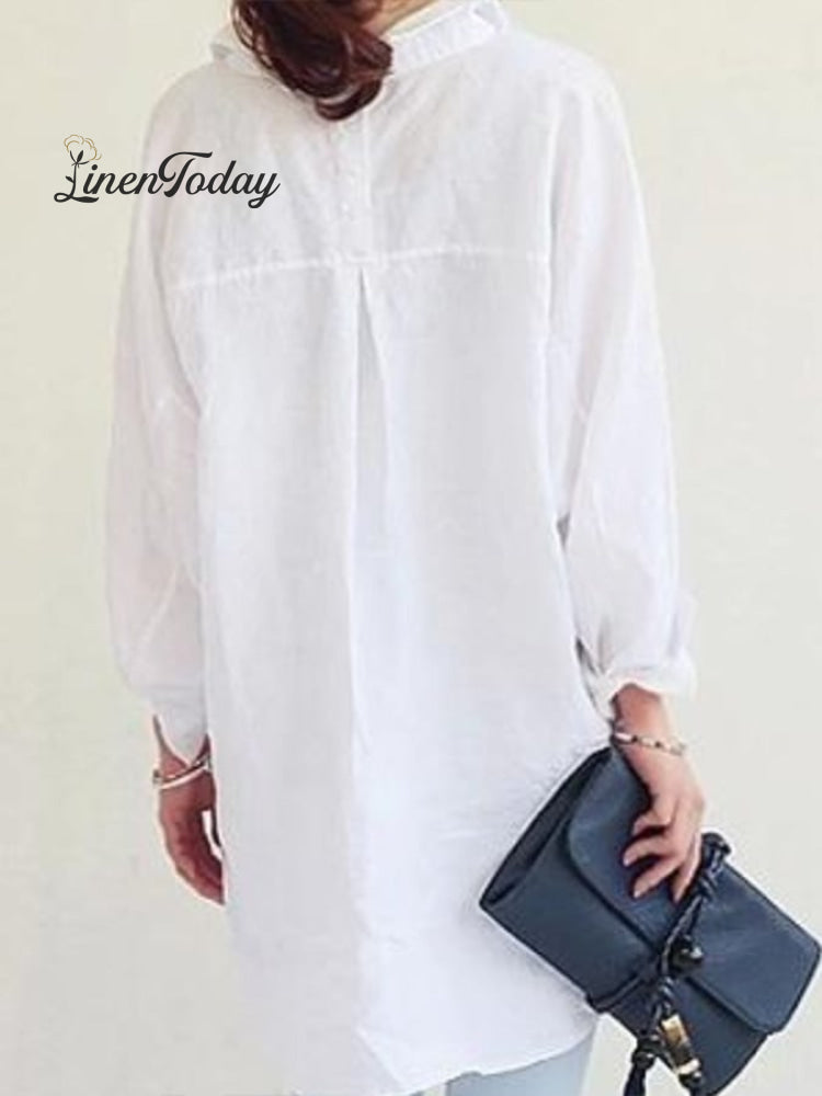 Cotton Linen Pocket Casual Shirt Skirt
