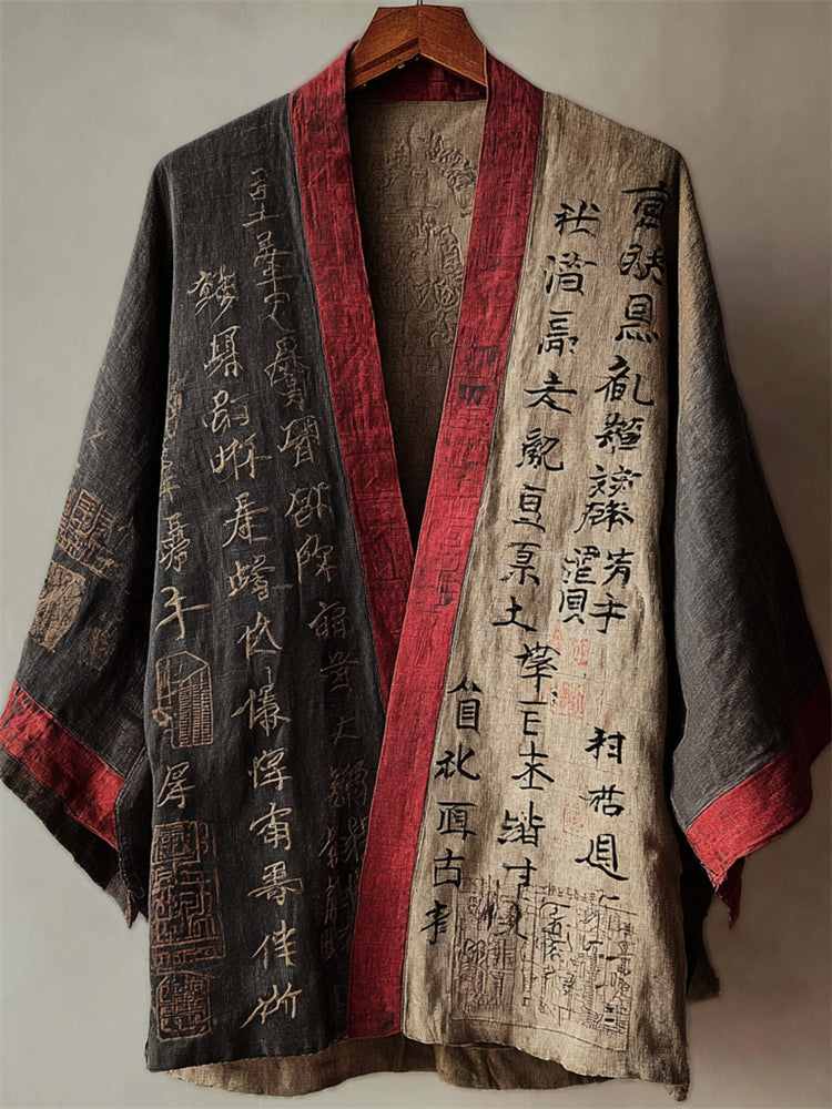 Japanese Calligraphy Art Contrast Linen Kimono Cardigan