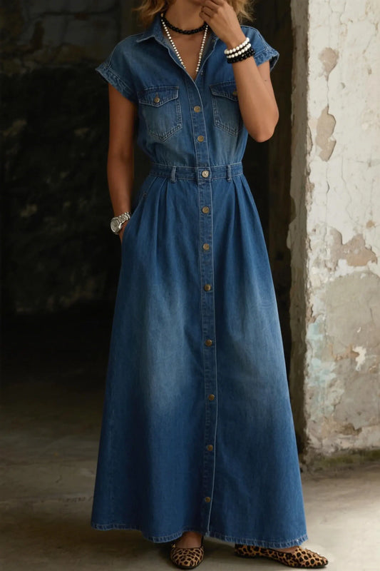 Fashion Casual Loose Short-Sleeved Shirt Collar Denim Skirt