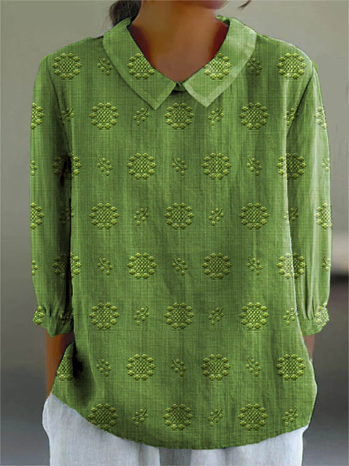Vintage Floral Art Print Casual Cotton and Linen 3/4-Sleeve Shirt