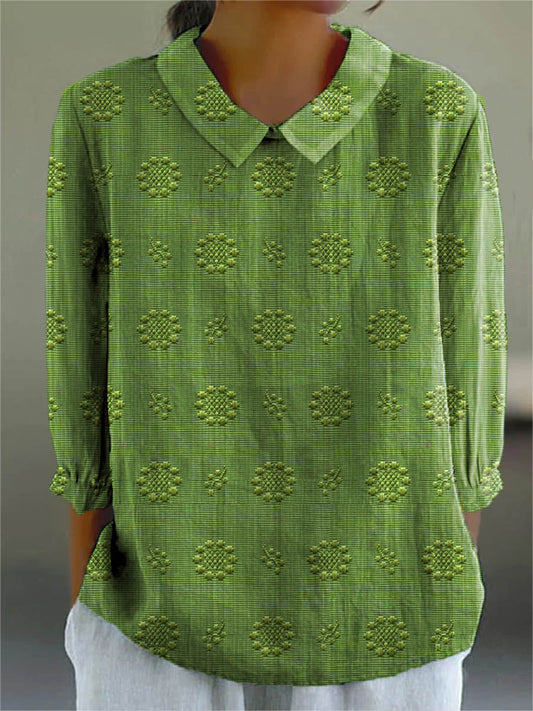 Vintage Floral Art Print Casual Cotton and Linen 3/4-Sleeve Shirt