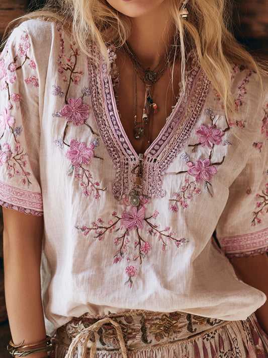 Retro Cherry Blossoms Embroidered Linen T-Shirt