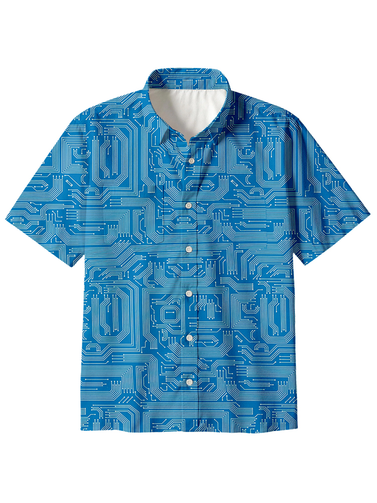Blue Computer Circuit Button Up Pocket Shirt