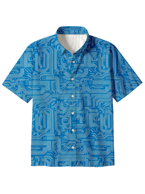 Blue Computer Circuit Button Up Pocket Shirt