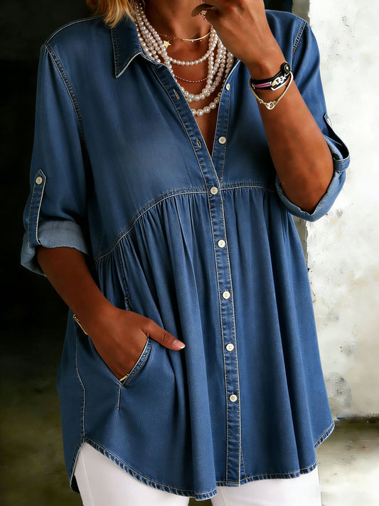 Solid Color Casual Loose Denim Blouse Shirt