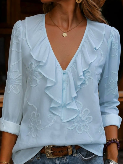 Vintage Ruffled V-Neck Shirt with Embroidered Flowers