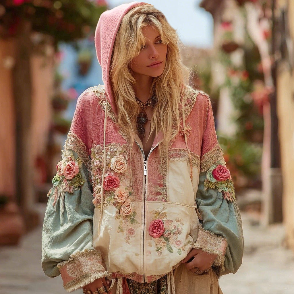 Floral Embroidery Colorblock Boho Casual Zip-Up Hoodie