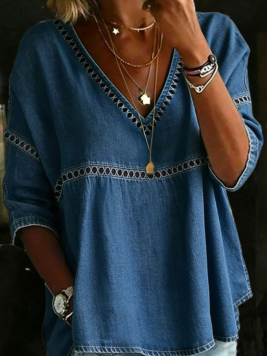 Vintage V-Neck Casual Loose Denim Blouse Shirt