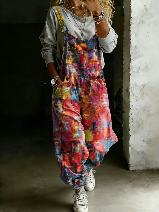Vintage Multicolor Art Print Casual One Piece Denim Jumpsuit