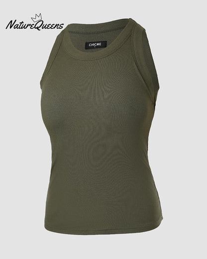 Round Neck Ribbed Tank Top with Bra Pads