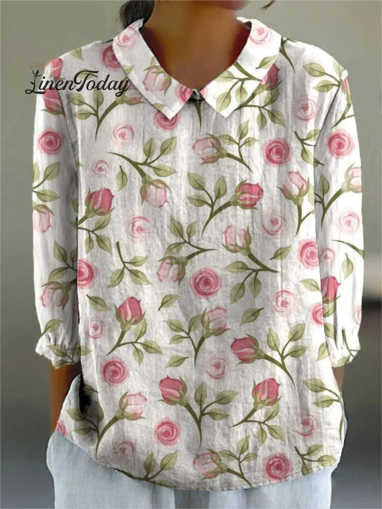 Rose Flower Print Casual Cotton and Linen Shirt