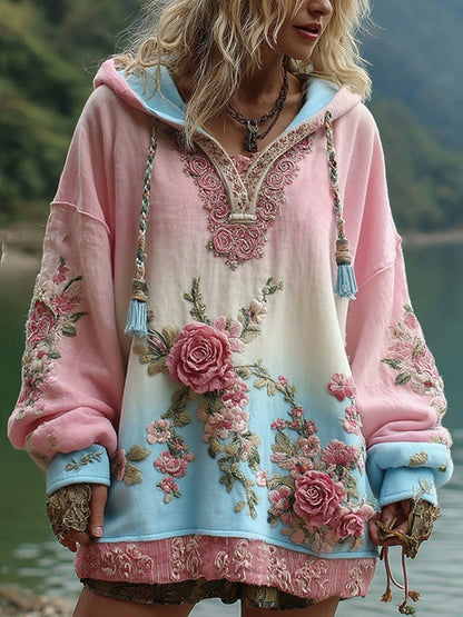 Love and Health Collection Vintage Rose and Floral Art Linen Long-Sleeve Hoodie