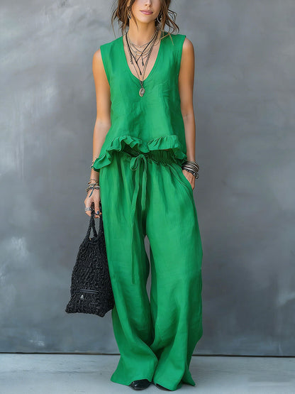 V-Neck Sleeveless Casual Loose Cotton Top with Elastic Waist and Wide-Leg Pants Cotton Linen Set