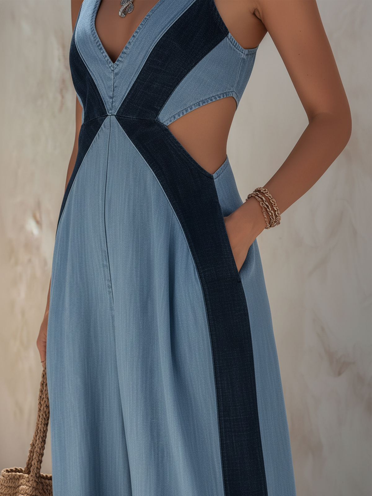 Light Blue Denim Colorblock Backless Wide-Leg Jumpsuit