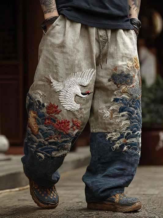 Men's Retro Japanese Style Flying Crane and Wave Pattern Printed Linen Casual Pants