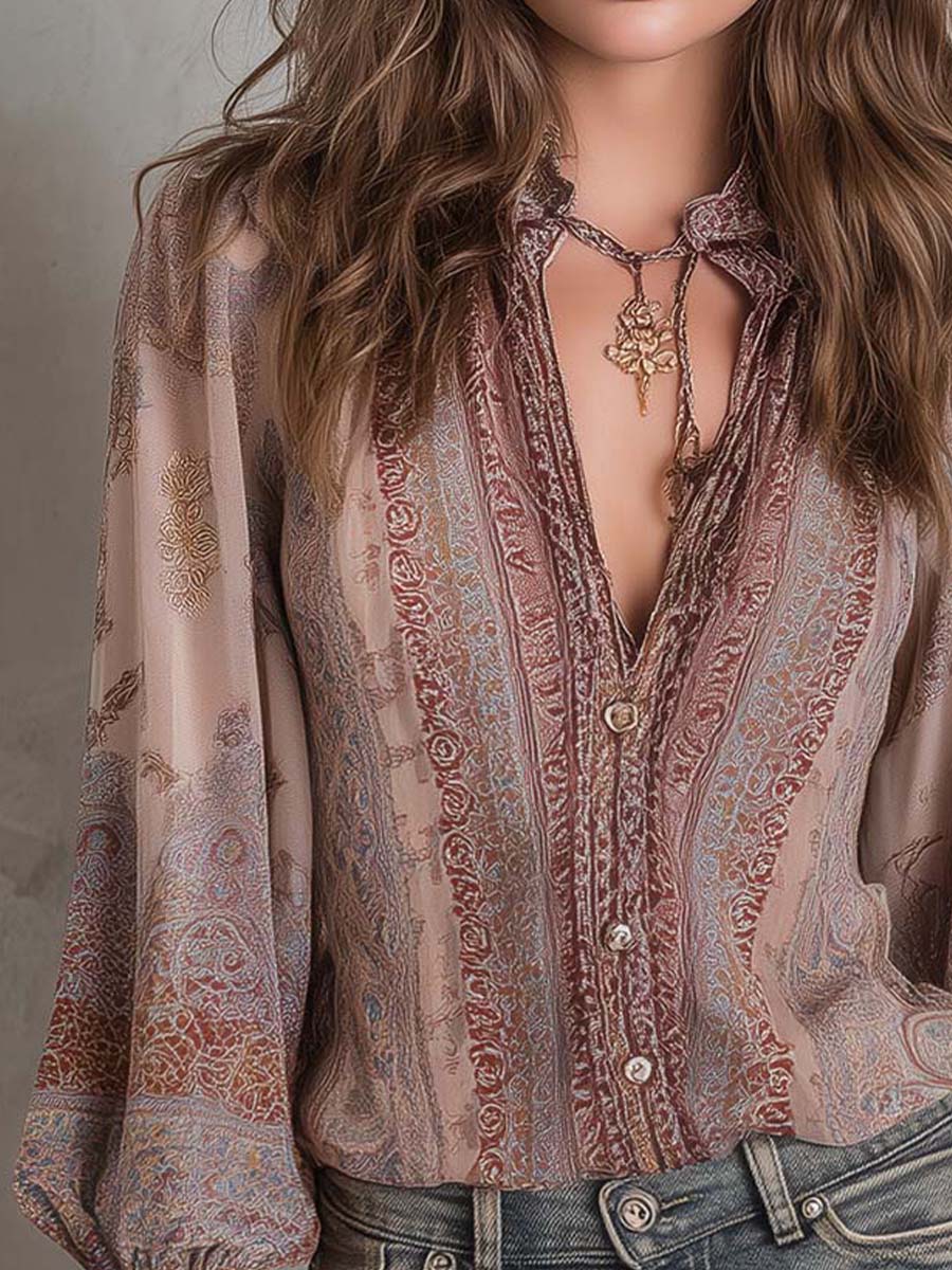 Boho Paisley Sheer Blouse with Lace Cuffs