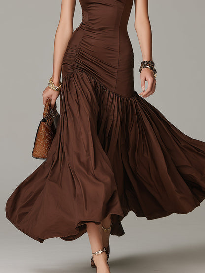 Vintage Stand-Collar Satin Pleated Fishtail Maxi Dress