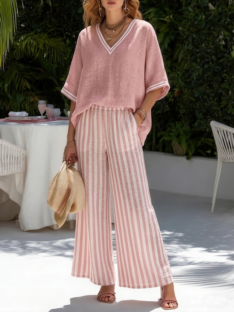 Casual Two-Piece Set: Striped Linen and Cotton Patchwork Top and Striped Trousers with Look Put Together in 5 Seconds