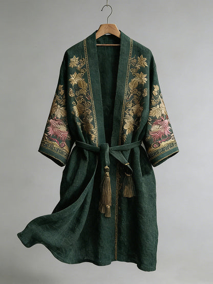Japanese Maple Leaf Print Linen Blend Kimono