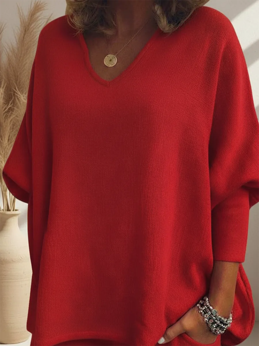 Cozy Solid Color V-Neck Knit Top and Pants Two-Piece Set