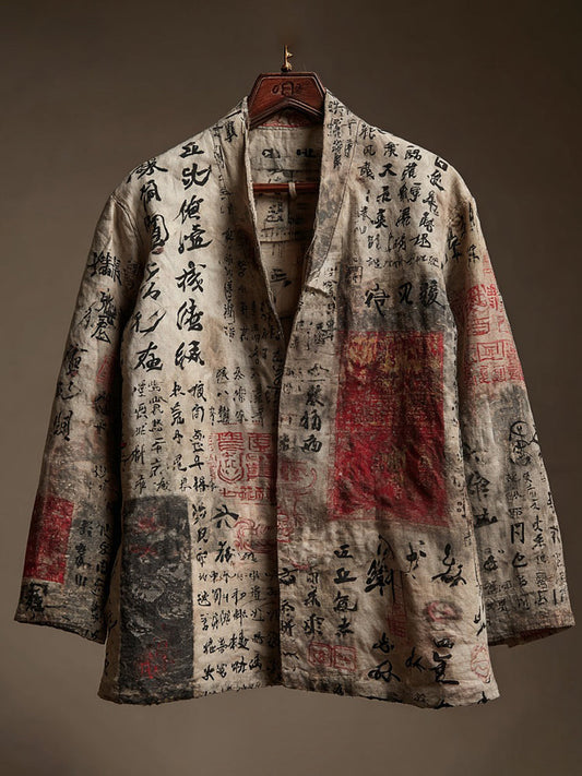 Retro Calligraphy Art Pattern Casual Linen Blend Kimono Cardigan