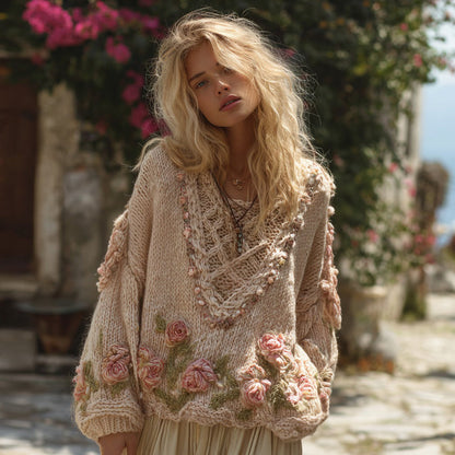 Boho Rose Chunky Knit Crew Neck Aran Sweater