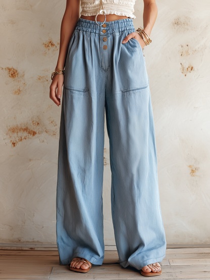 Light Wash Striped Denim High-Waist Wide-Leg Pants with Elastic Waist