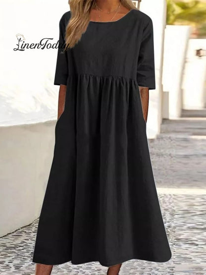 5-Quarter Sleeve Casual Loose Solid Color Cotton and Linen Dress