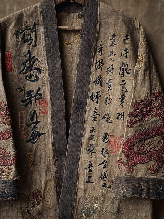 Japanese Gragons and Calligraphy Art Embroidered Linen Kimono Cardigan