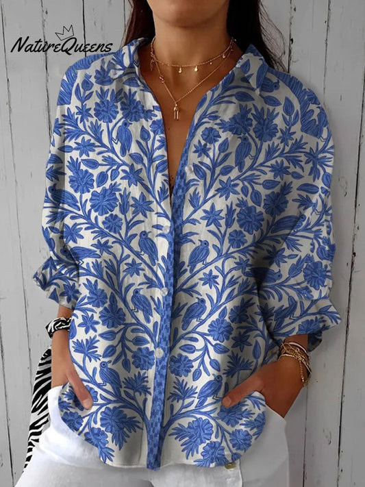 Vintage Floral Art Print Casual Linen V-Neck Shirt